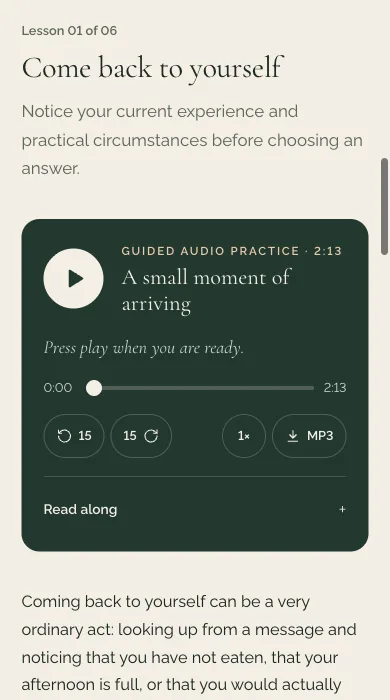 The member area on a phone: lesson 1 with its audio practice